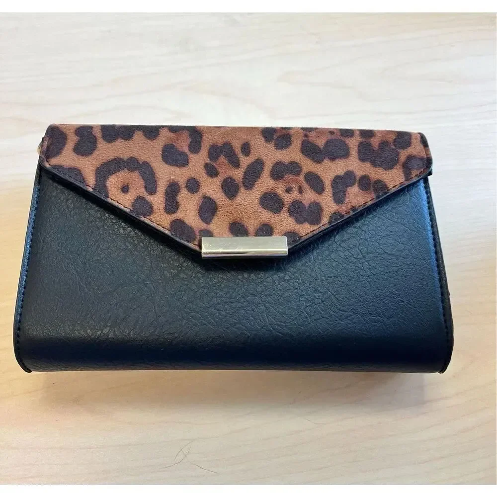 Leopard & Faux Black Leather Touch Screen Crossbody Bag NWT